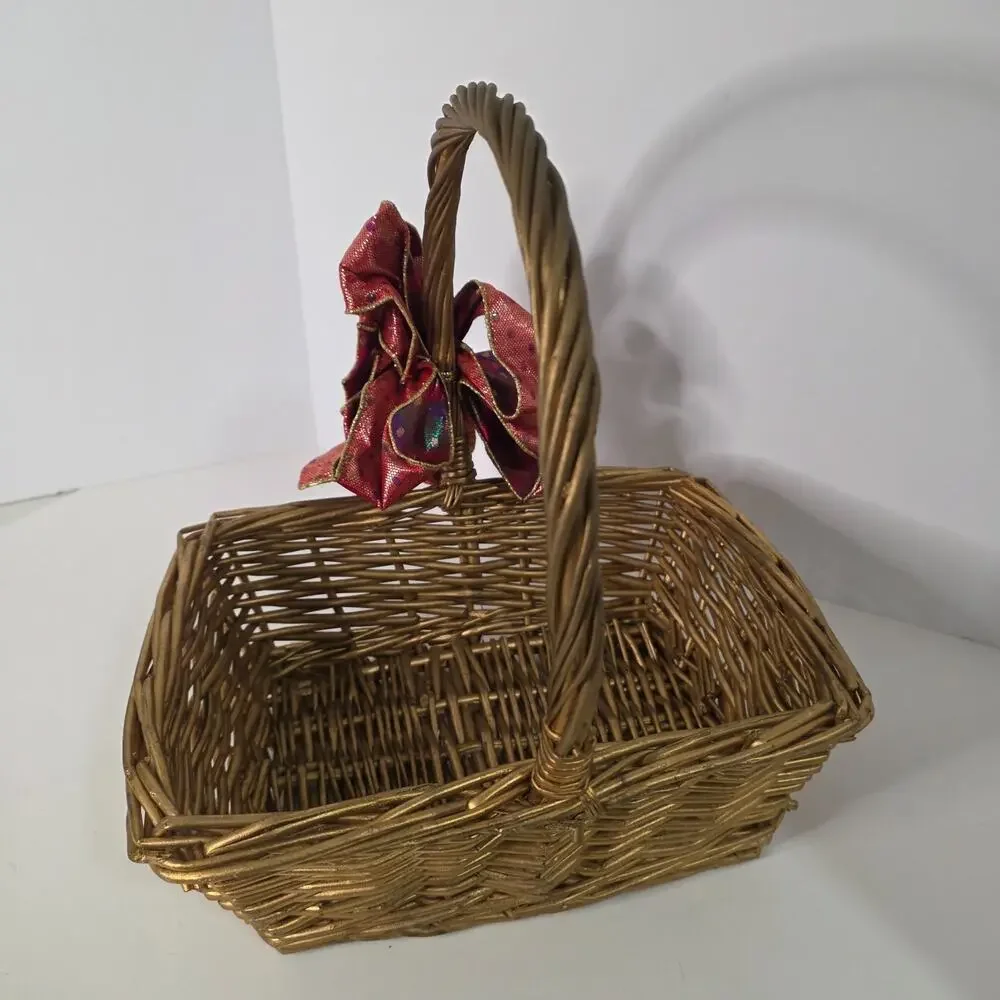 Gold Wicker Gift Basket Red Metallic Bow Christmas Holiday Decor Square